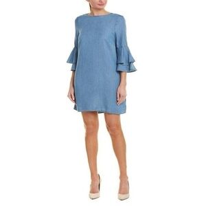 Zoe Women's Size XS Chambray Shift Dress Tiered Bell Sleeves Boatneck Lyocell